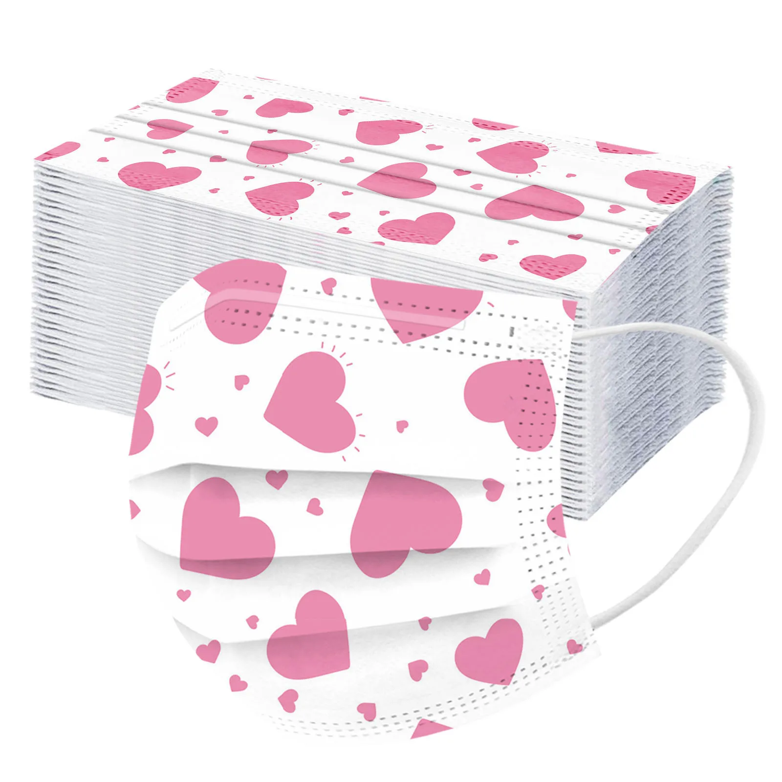 10/50pcs Valentine's Day Disposable Face Mask For Adult Heart Print Masks Sweet Couple Non Woven 3Ply Filter Earloops Mouth Mask 3