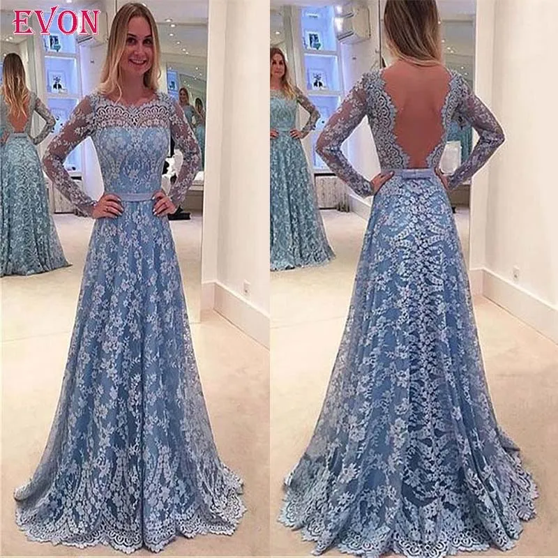 Элегантное кружевное вечернее платье с длинными рукавами А-силуэта Vestido De Fiesta De Noche с зубчатой спиной длинное платье для выпускного платья De Soiree