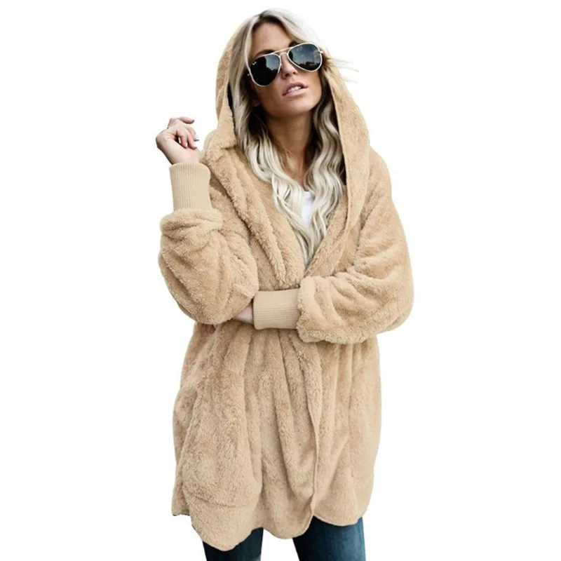 XS-5XL, пальто из искусственного меха, куртка, плюшевый мишка, женская мода, открытая стежка, Дамское зимнее пальто с капюшоном, Женская пушистая куртка с длинным рукавом