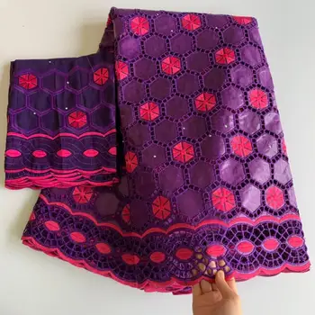 

Purple/Pink Perforated Stones African Bazin Riche Fabric 2020 New Arrival Basin 5+2Yards Swiss Voile Lace Fabric Scarf for Dress