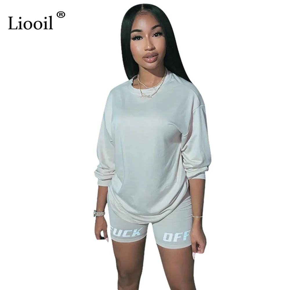 

Liooil Letter Print Two Piece Outfits Set Women Tracksuit 2020 Long Sleeve T Shirt Sexy Tops And Biker Shorts Jogger Suit Sets
