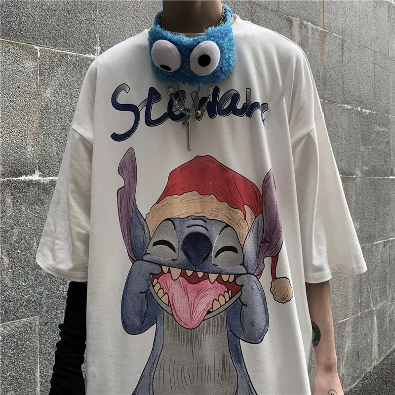 

Summer Korean-style INS Hong Kong Style Cartoon Printed Hip Hop Base Shirt Loose-Fit BF Underwear Short Sleeve T-shirt Tops Unis