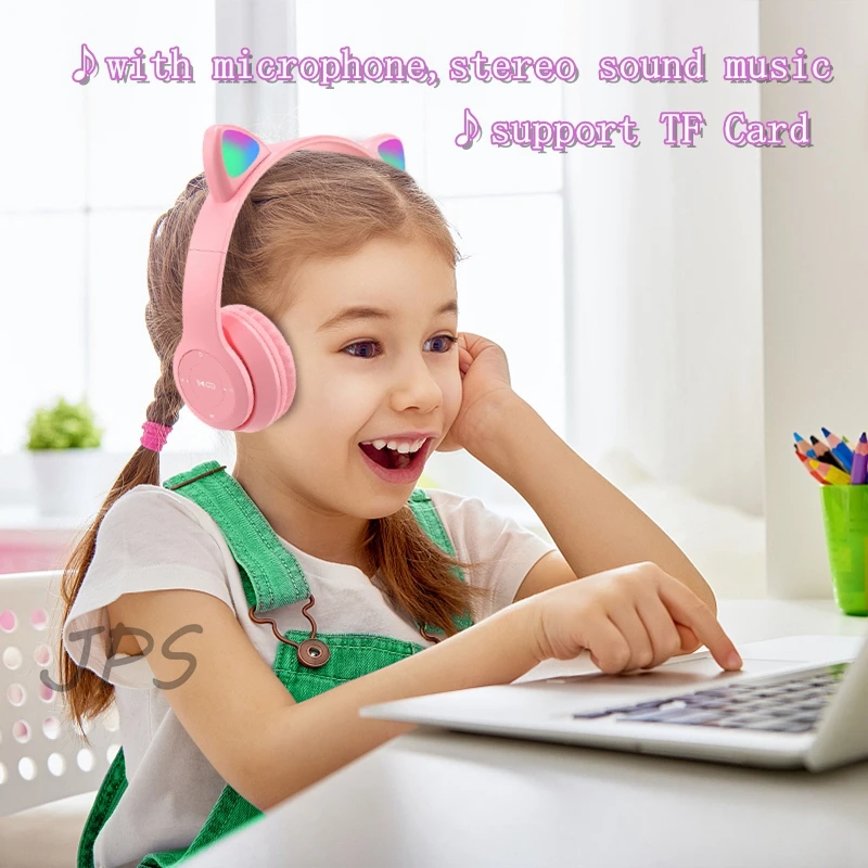 Casque sans fil oreille de chat avec micro bluetooth 5.0 glow light casque  stéréo basse pour enfants fille pc téléphone casques de jeu