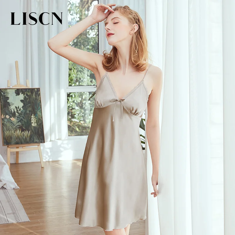 light-tan LISCN, красное Женское ночное платье, женская шелковая ночная рубашка, пижама, женский сексуальный халат, v-образный вырез, без рукавов, кружевной подол - Цвет: light-tan