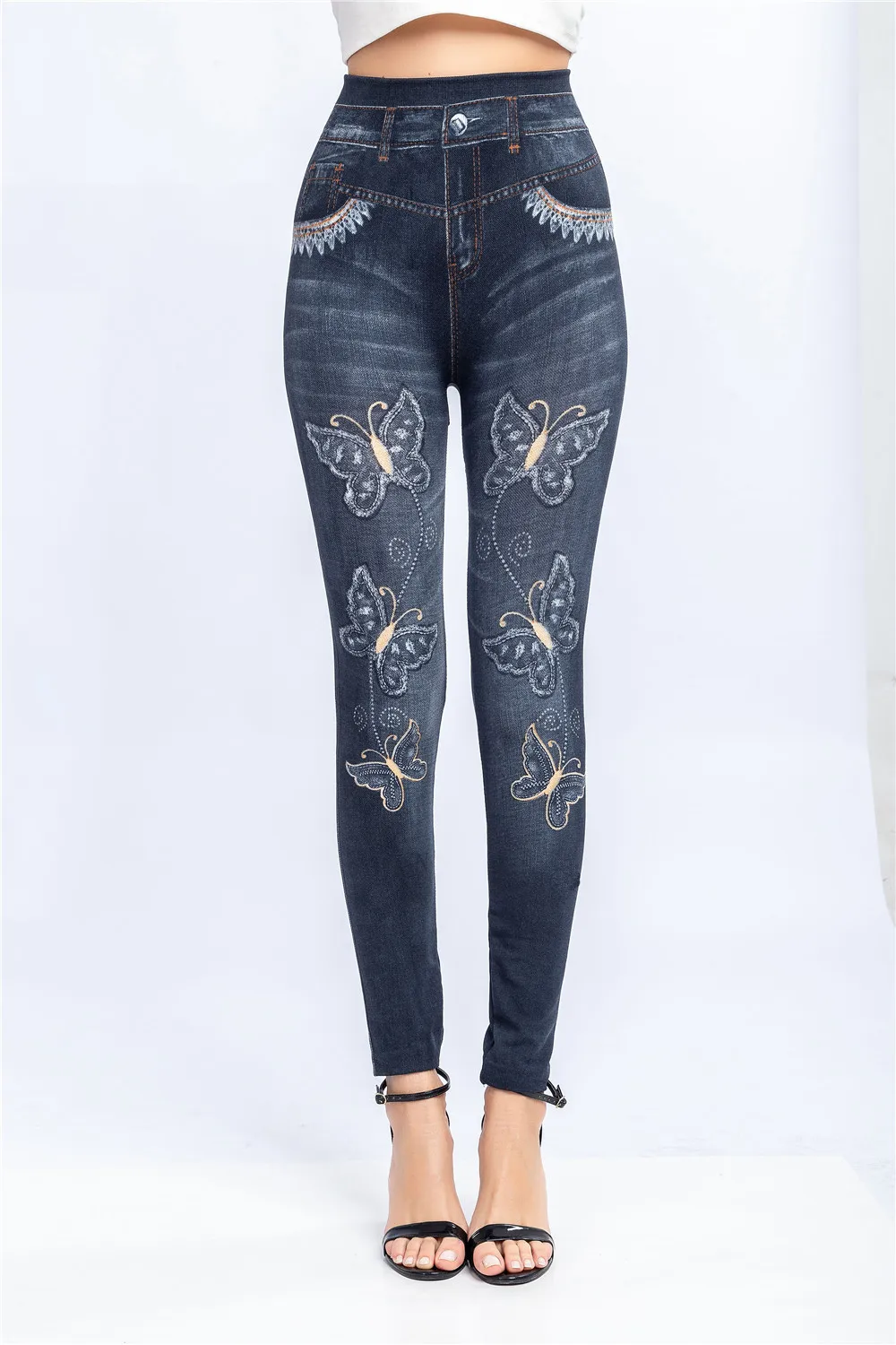 leggins Sexy Women Elastic Shaping Pants High Waist Fitness Sports Leggings Faux Denim Jeans Gym Workout Running Slim Push Up Trousers seasum leggings