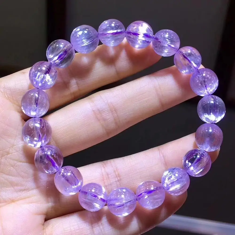 

10.5mm Certificate Natural Purple Kunzite Clear Round Beads Bracelet Gemstone Cat Eye Effect Crystal Women Men Jewelry AAAAA