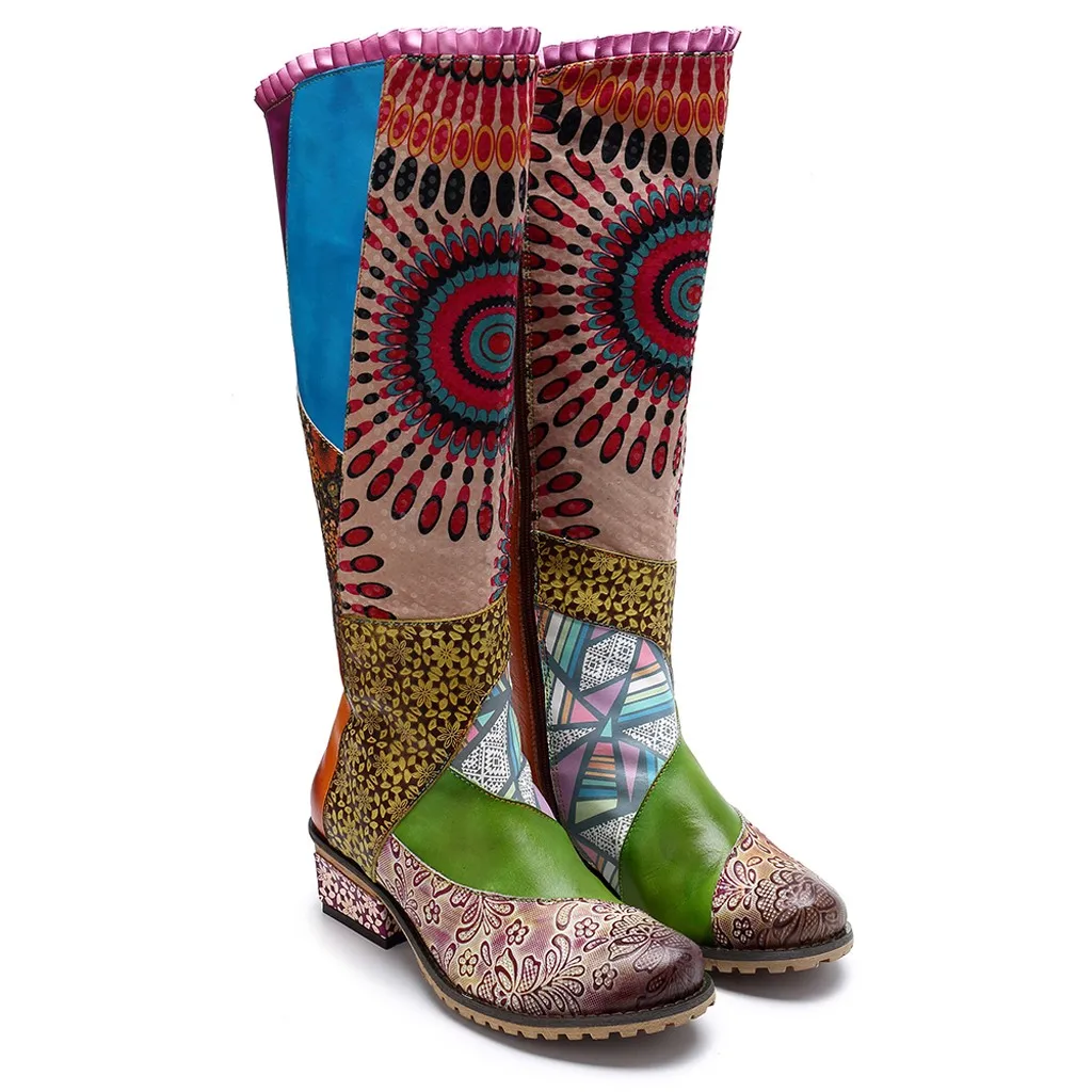 SAGACE/Женская обувь в стиле ретро с вышивкой и кружевом; ботинки до колена на плоской подошве в богемном стиле; Разноцветные Повседневные женские ботинки; 9 октября