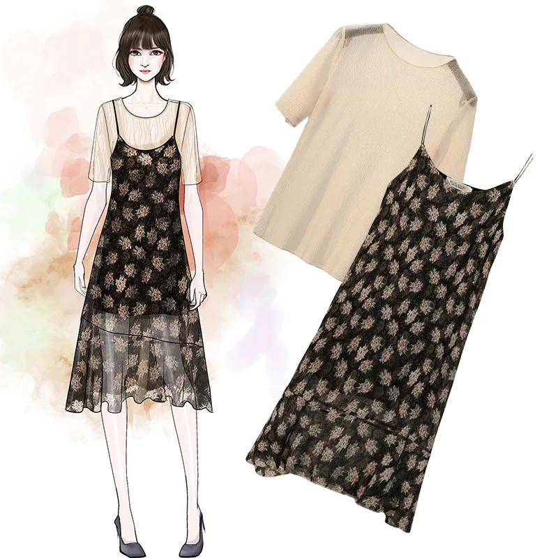 

2019 Summer Wear New Style Large Size Dress Fat Mm Plus-sized Korean-style Short-sleeved Top Floral-Print Strapped Dress Women's