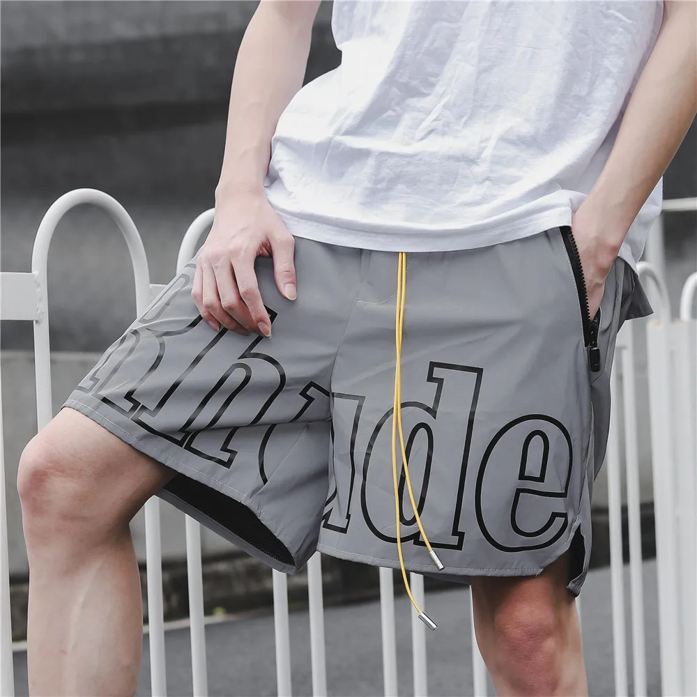 RHUDE Shorts Grey Color Men Women 3M Reflective Tag Inside Tag Oversize Rhude Short Pants Knee Length RHUDE Shorts Grey Color Men Women 3M Reflective Tag Inside Tag Oversize Rhude Short Pants Knee Length