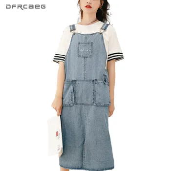 

High Street 2020 Summer Loose Strap Women Long Jeans Jumpsuit Skirt With Pocket Vintage Ladies Denim Skirts Overalls Femme