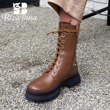 

RIZABINA New Design Women Mid Calf Boot Real Leather Zipper Flat Heel Boots Fashion Usual Winter Shoes Woman Footwear Size 34-39