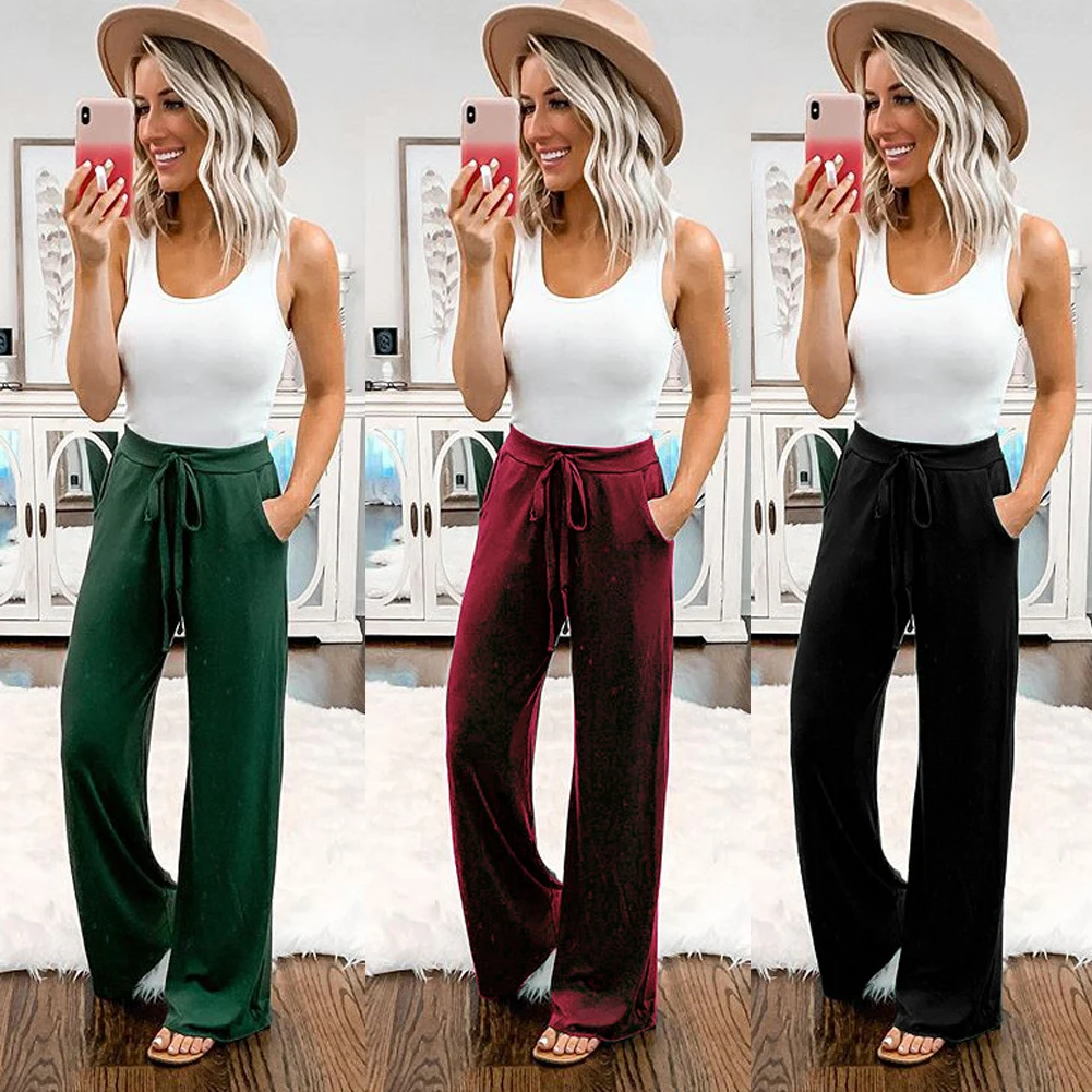 

Womens Summer Fashion Solid Color Hight Waist Full Length Drawstring Slouchy Casual Sports Straight Trousers Evening Party Pants