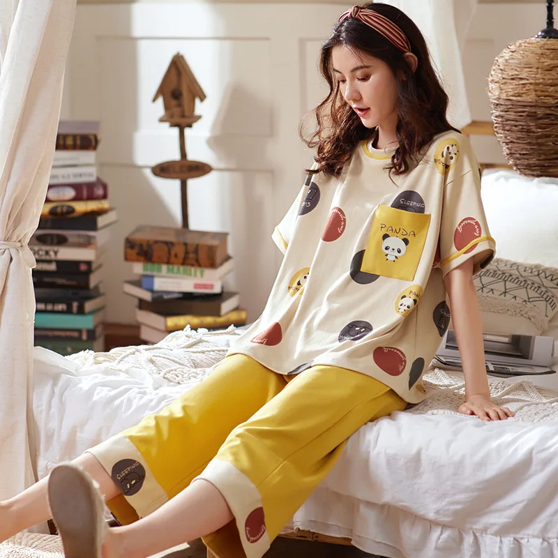 Pajamas Women Summer Cotton Short Sleeve Capris Suit Korean Version Sweet And Lovely Cotton Women's Home Clothes Pj Set Pajamas Women Summer Cotton Short Sleeve Capris Suit Korean Version Sweet And Lovely Cotton Women's Home Clothes Pj Set