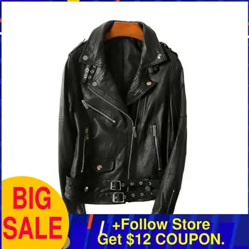 

2020 Black Women Short Motorcycle Style Leather Jacket Plus Size 3XL Genuine Thin Sheepskin Spring Slim Fit Biker's Leather Coat
