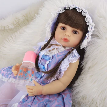 

All Silicone Long Hair Smile Newborn Princess Reborn Baby Doll 21inch 55CM Purple Skirt Hat Birthday Gift Toy Soft Vinyl