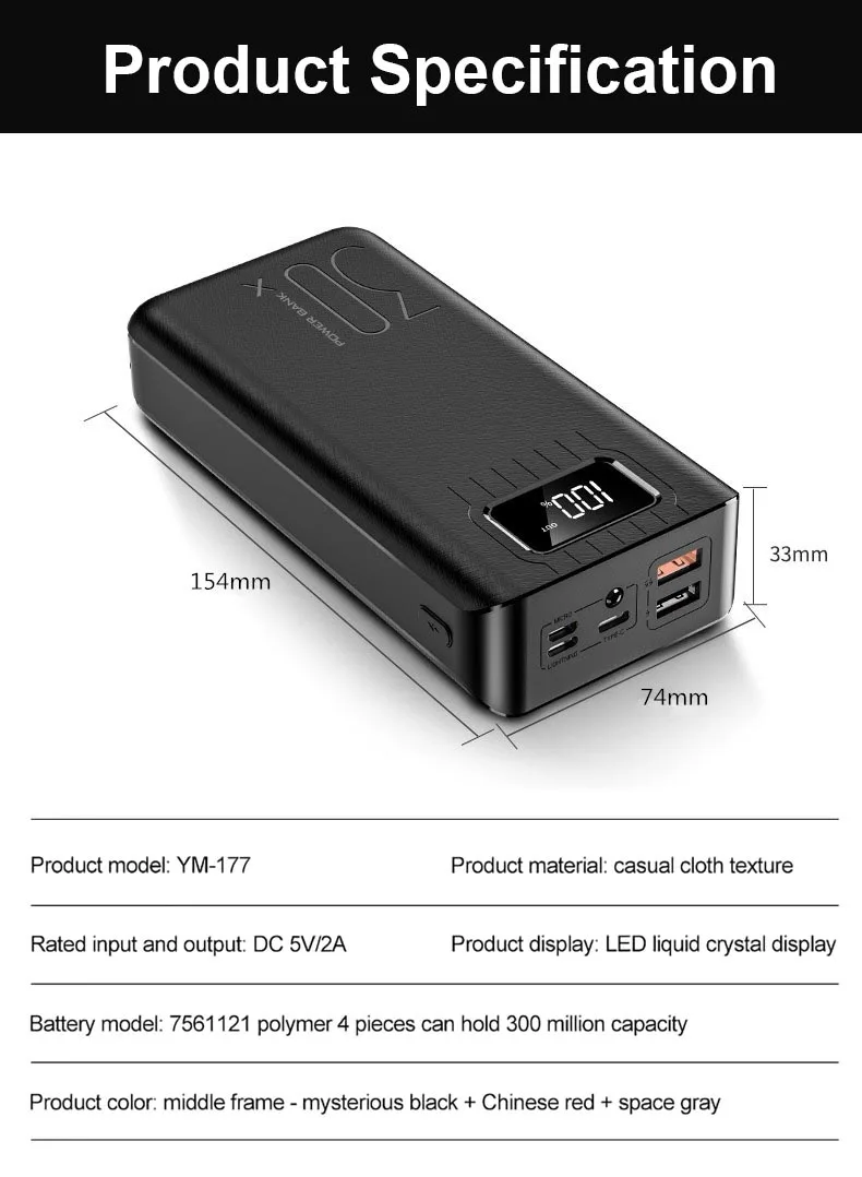 Внешний аккумулятор 30000 мАч TypeC Micro USB QC Быстрая Зарядка Внешний аккумулятор светодиодный дисплей портативное Внешнее зарядное устройство для телефона планшета
