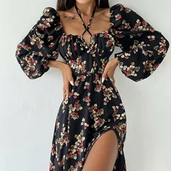 Vestido Halter estampado de manga larga, Falda larga con abertura, manga farol