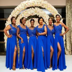 Royal Blue  Bridesmaid Dresses Lace Applique Side Split Sleeveless Sweep Train Country Custom Party Maid of Honor Gowns