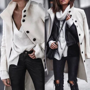 

Women Long Jackets Winter Coat Buttons Wool Blends Elegant Office Black White Jacket Overcoats Turn-Down Collar Outerwear M0011