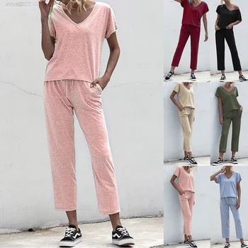 

Sleepwear Women Casual soft cutton nightwear set Solid Short Sleeve Pajamas Suit Loose Home Night suits Female Pijamas D30