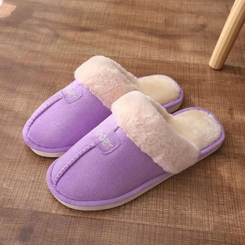 Классические женские зимние теплые меховые тапочки; домашняя обувь для мужчин и женщин; домашние тапочки на плоской подошве; Zapatilla Mujer - Цвет: purple
