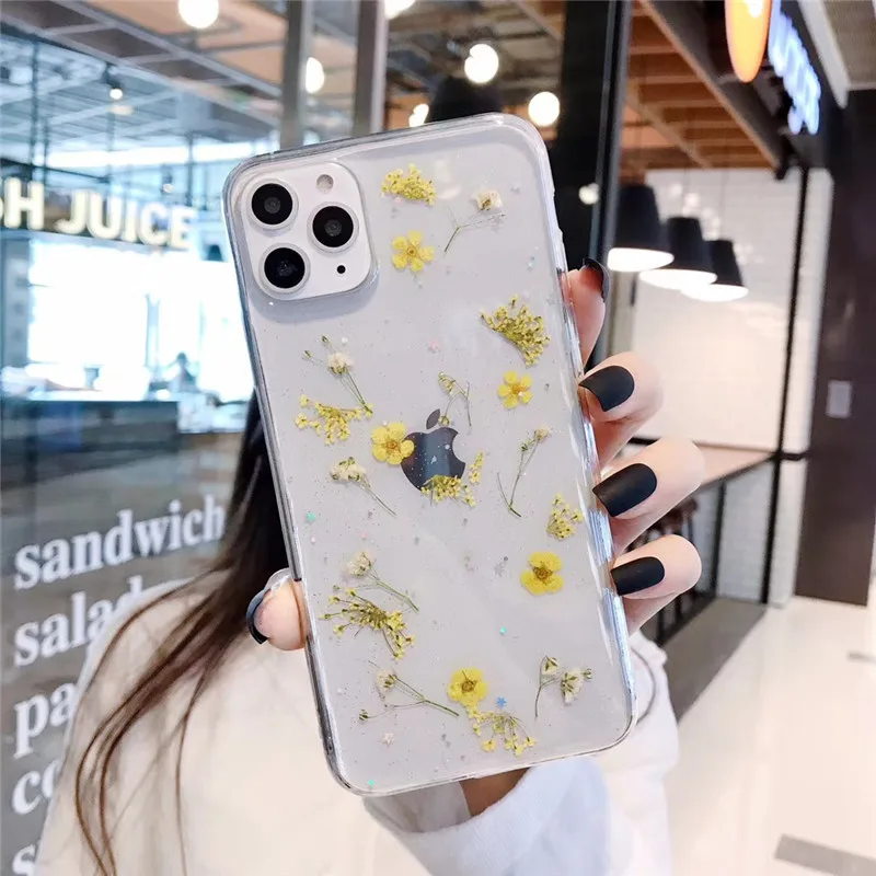 Прозрачный чехол с блестками Real Dry Flower для iPhone 12 11 Pro Max прозрачные чехлы XS X XR 8 7 Plus
