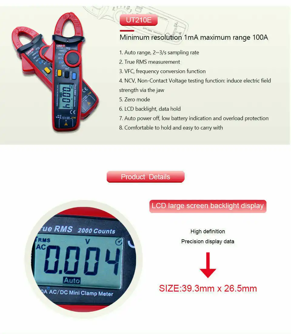 Цифровой клещи UNI-T UT210A/B/C/D/E AC DC измеритель напряжения тока True RMS мультиметр Емкость Сопротивление частоты тестер