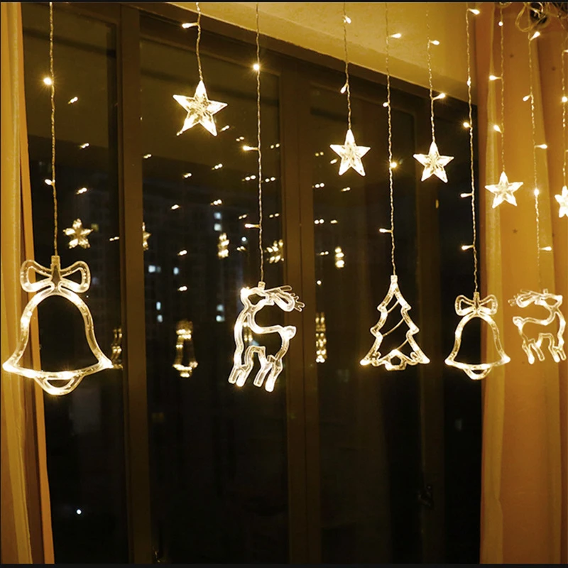 Xmas Shape Christmas Tree Elk Bell Star LED Curtain Lights EU AC220V 2.5M Holiday Party Home Cafe Window Icicle String Light (10)