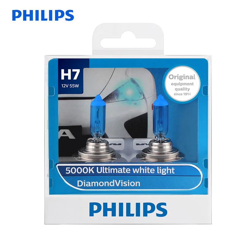 Tanie Philips 100% oryginalny H7 12V 55W PX26d diament Vision 5000K intensywne białe światło żarówki halogenowe auto reflektor 12972DV S2, para
