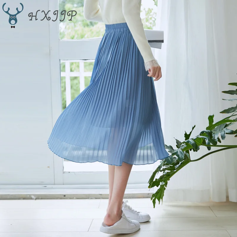 Осень Зима Новая повседневная женская плиссированная юбка в полоску Длинная Элегантная Высокая талия белая черная шифоновая юбка женская