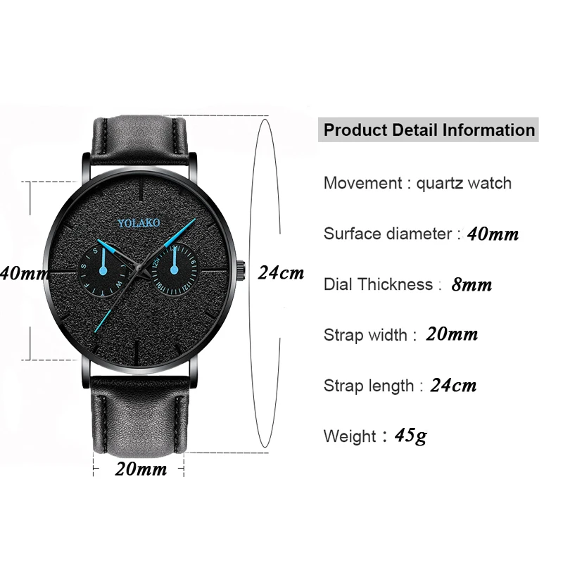 Casual Leather New Watch Blue Pointer Belt Quartz Fashion Mens Watch Yolako Male WriststWatch Clock Relogio Masculino