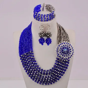

Royal Blue and Silver Nigerian Wedding Crystal Beads Jewelry Set African Necklace