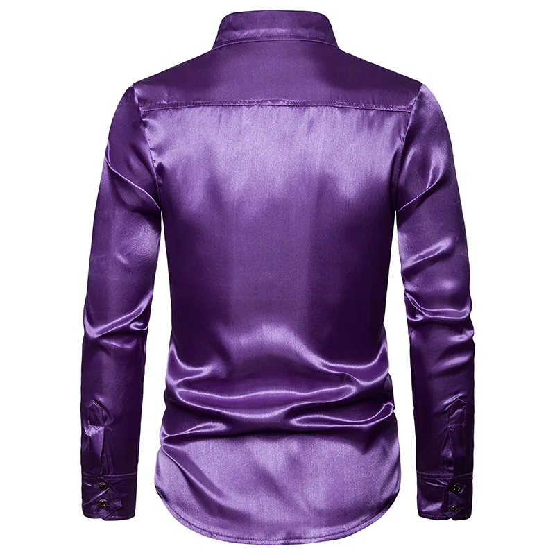 Shiny Purple Sequins Men Shirt Brand New Silk Satin Button Down Dress Shirts Party Disco Nightclub Men Shirt Camisa Social