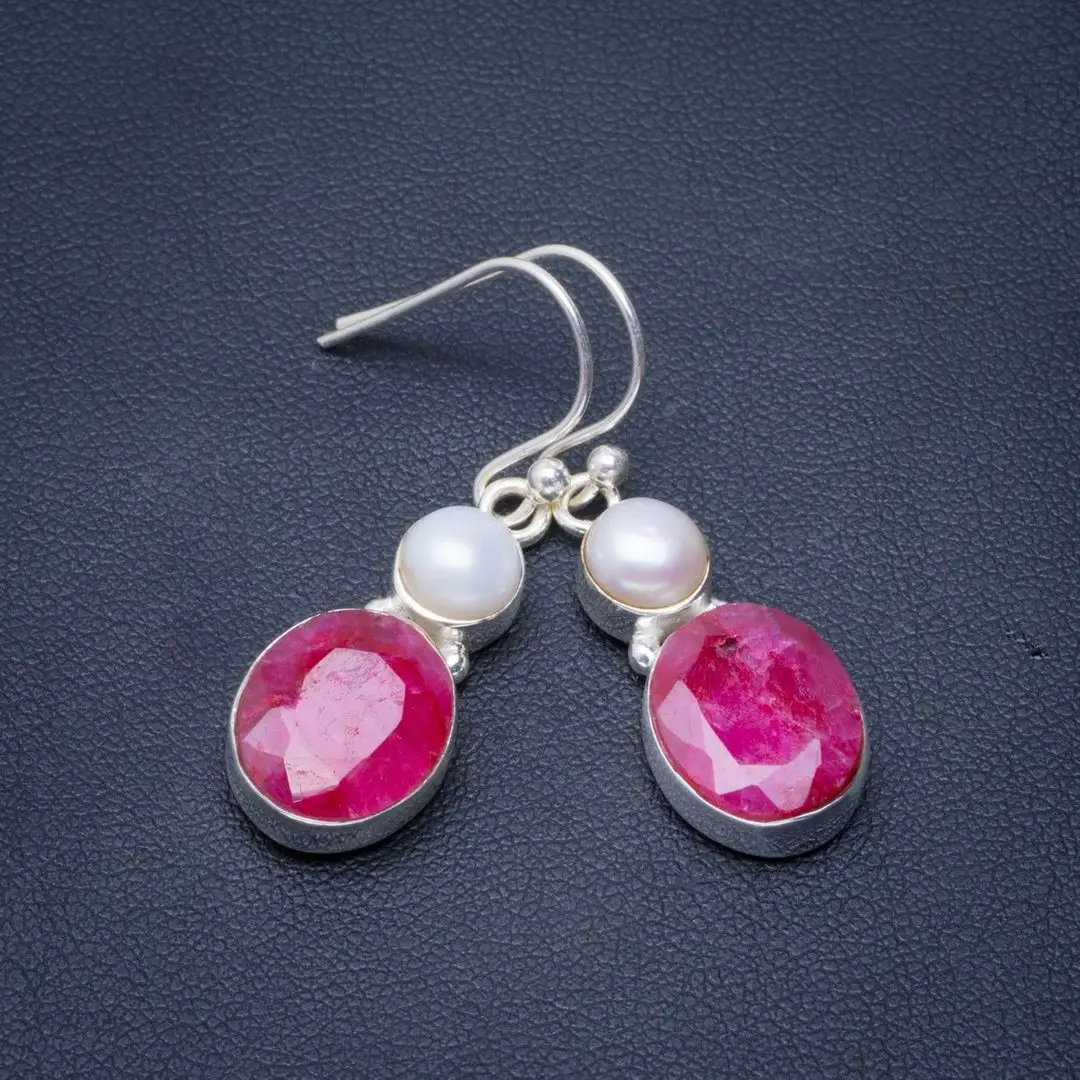 

Natural Cherry Ruby and River Pearl Handmade Unique 925 Sterling Silver Earrings 1.5" B2367