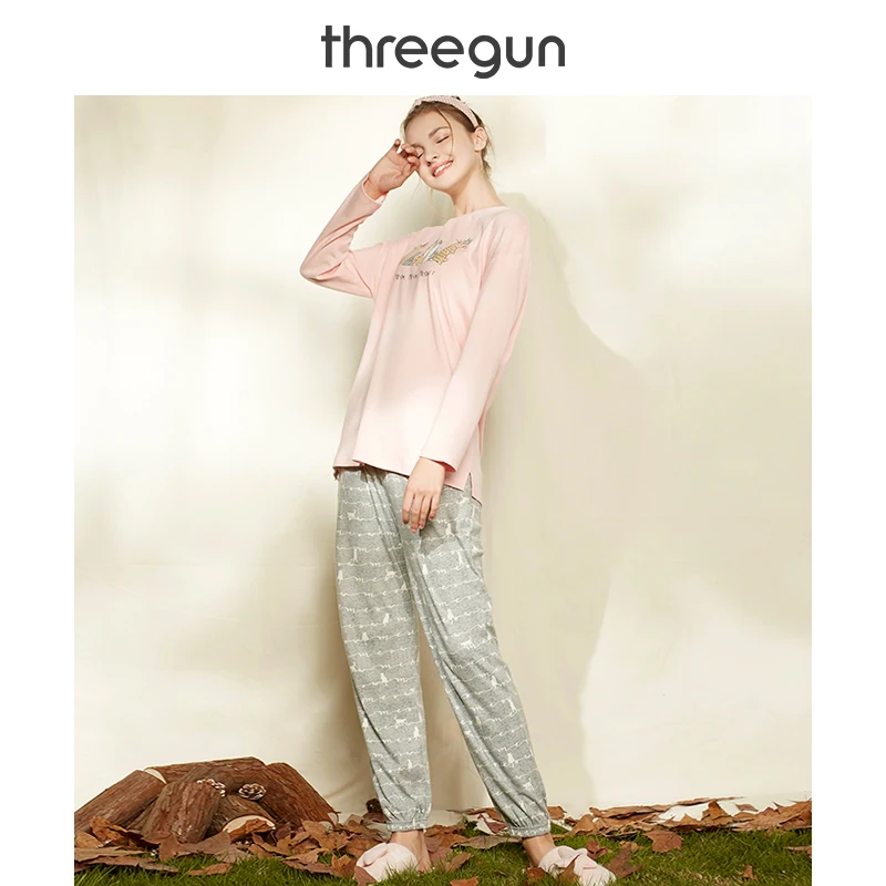 THREEGUN Пижамный комплект для женщин хлопок осень зима Нью Йорк дизайн принт одежда