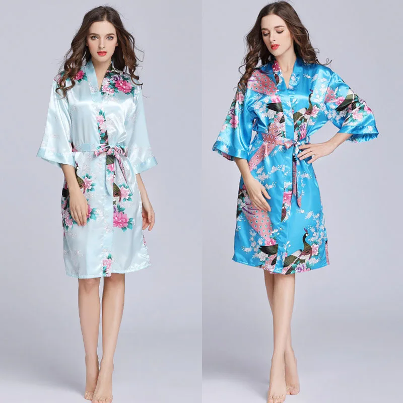 Women´s Satin Robe Kimono Dress Summer Sexy Gown Half Sleeve Floral Print Sleepwear Mini Night Dress Bathrobe