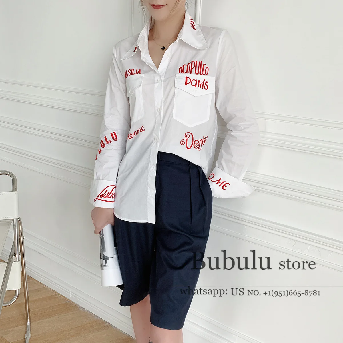 

womens Autumn Celebrity Inspired letter Embroidered English Lapel Long Sleeve Button Pocket White Shirt tops and blouses blouse