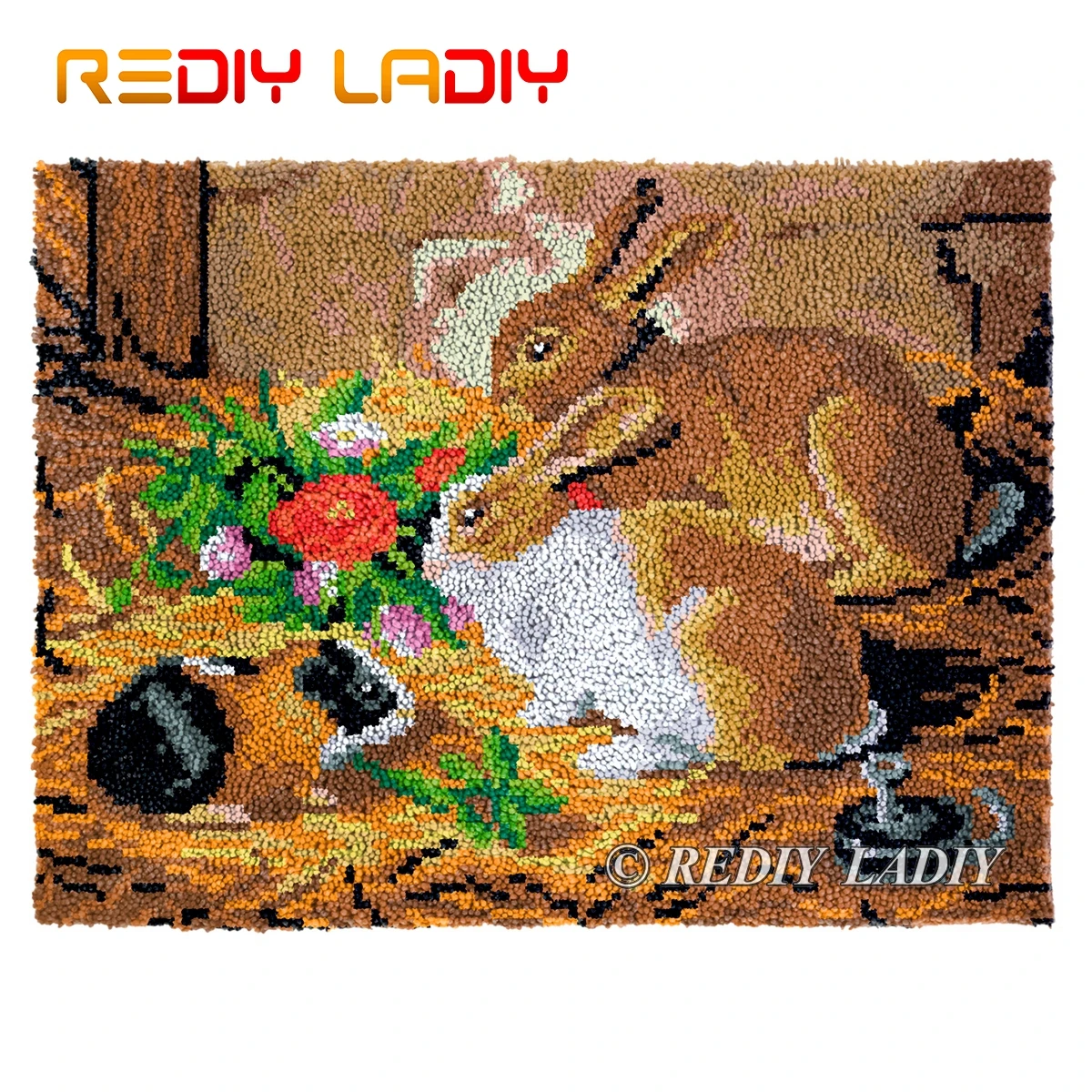 Latch Hook Rug Two Rabbits Plush Tapestry Kit Crochet Cushion Mat DIY