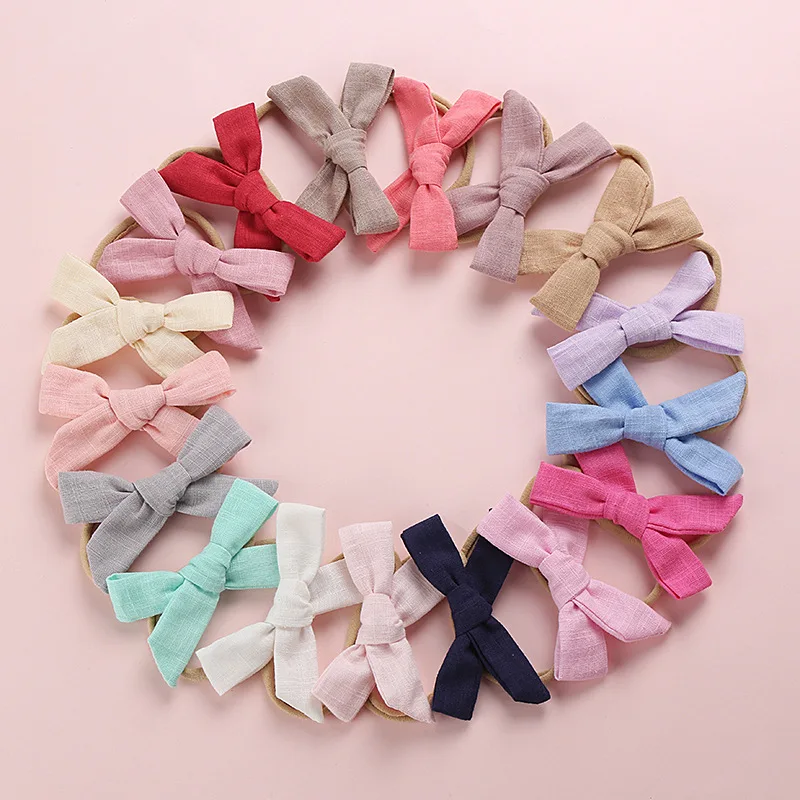 New Baby Toddler Cotton Linen Nylon Bow Headband Solid Color Seamless Kids Top Bows Elastic Hair Bands Headwrap Hair Accessories