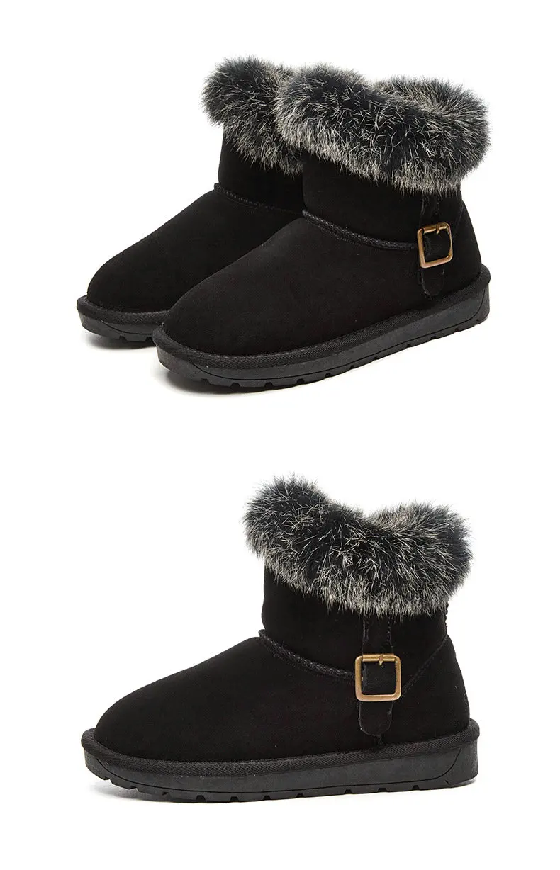 Ankle Genuine Leather Snow Boots Cow Suede Warm Fur Boots Women's Bucket Shoes Cowhide Flat Cotton Shoes