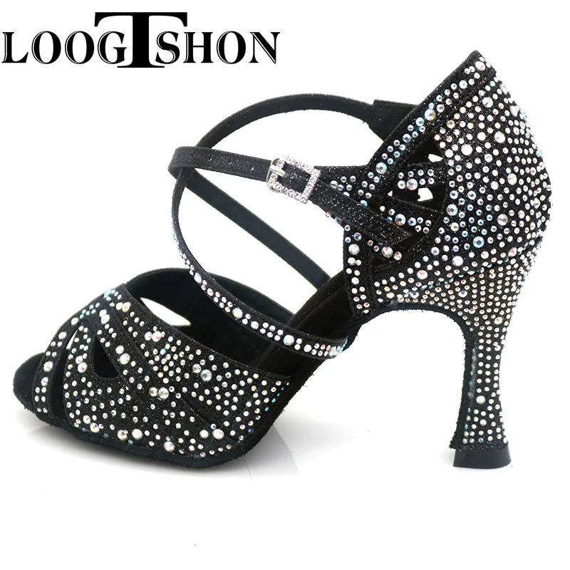 Loogtshon Women Latin Dance Shoes Rhinestones Soft Bottom Salsa Shoes For Dancing Ladies Sandals Women's Wedding Hight Heels 7.5