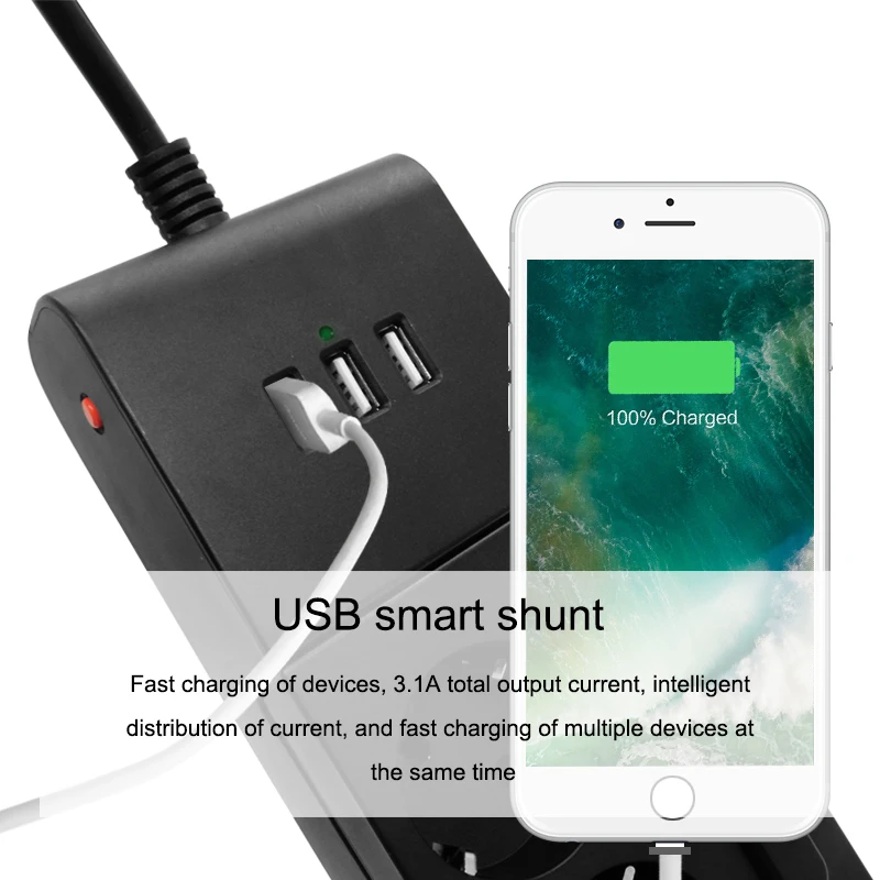 Plugue de Extensão ue para Proteção contra Surtos de Energia Elétrica com 5 Usb e Controle de Interruptor Plugue Entradas Independente - Image 2