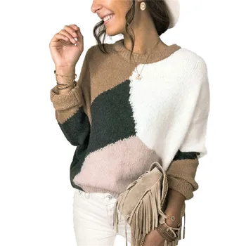 

CHRONSTYLE Sweater Round Neck Patchwork Knitted Jumper Women Fall Winter Style Warm Pullovers Long Sleeve Loose Sweaters 2020