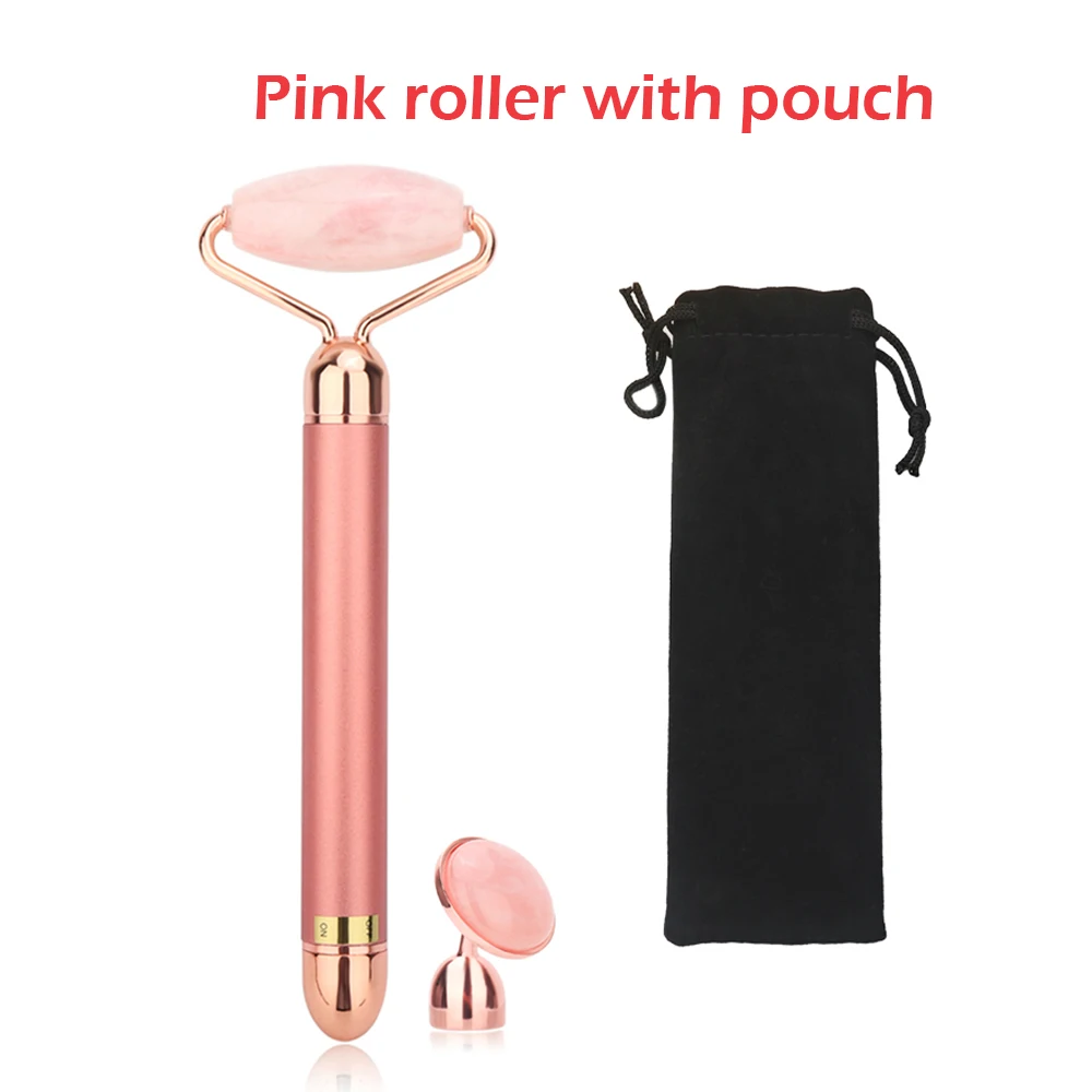 rose with pouch Электрический вибрирующий натуральный розовый кварц нефритовый ролик для подтяжки лица настоящий Настоящий камень зеленый нефрит ролик для лица инструмент для массажа красоты - Color: rose with pouch