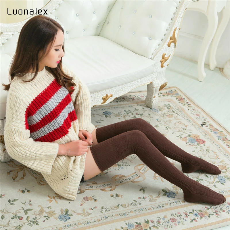 Luonalex/модные, сексуальные, теплые, длинные, хлопковые чулки, выше колена, чулки, женские, зимние, до колена, вязаные чулки