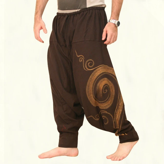 Pantalones hippie para hombre, estilo vintage, holgados, bohemios, de  algodón, harén, casuales, holgados, en la entrepierna, con cordón,  pantalones de