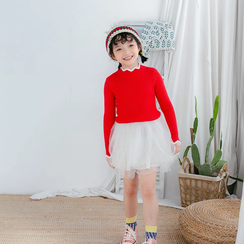 

Fashion Knitted Sweater Girls 2019-Autumn And Winter Single Color Stripes Crew Neck Pullover Children Base Fashion