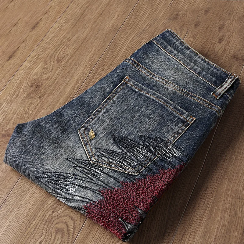 Импортные товары; Новый стиль Мужские джинсы для женщин в стиле ретро Ностальгический вышитые с отверстиями в индийском стиле Slim Fit
