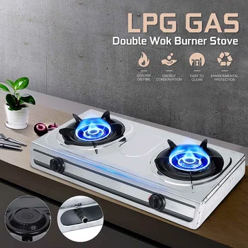 

3.8-4KW 2 Pots Gas Stove Dual-range Stainless Steel Liquefied LPG Gas Bench-top Burners Home Kitchen Cooker