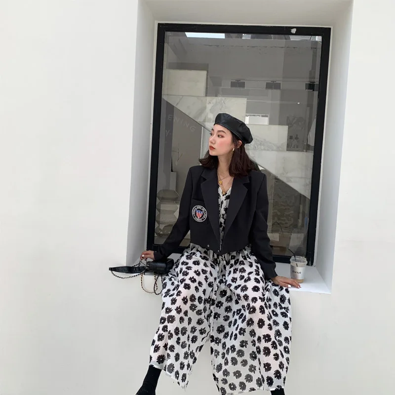 

Online Celebrity 2019 Autumn England College Style Fold-down Collar Western Style Loose Short Sleeve Long Sleeve Short Small Sui